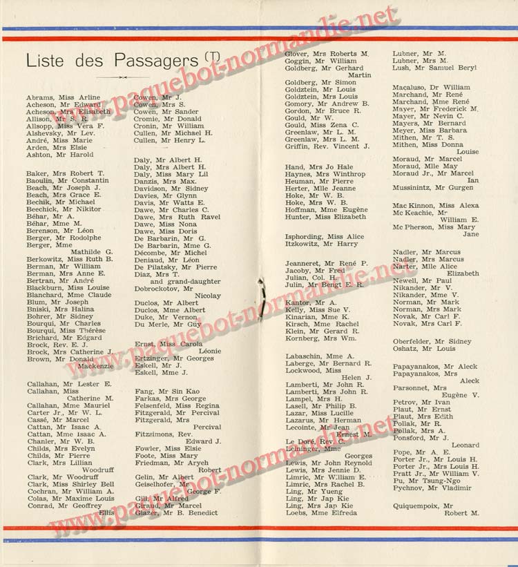 S.S. NORMANDIE - LISTE DES PASSAGERS 08 JUILLET 1936 - 2ème CLASSE 2-2