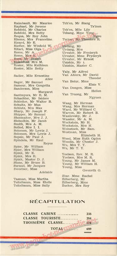 S.S. NORMANDIE - LISTE DES PASSAGERS 08 JUILLET 1936 - 2ème CLASSE 2-3