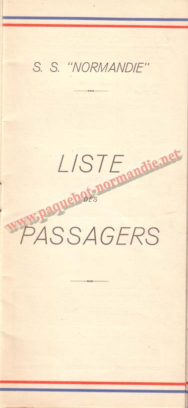 PAQUEBOT NORMANDIE - LISTE DES PASSAGERS DU 9 OCTOBRE 1937 - 1ère CLASSE / 1-1