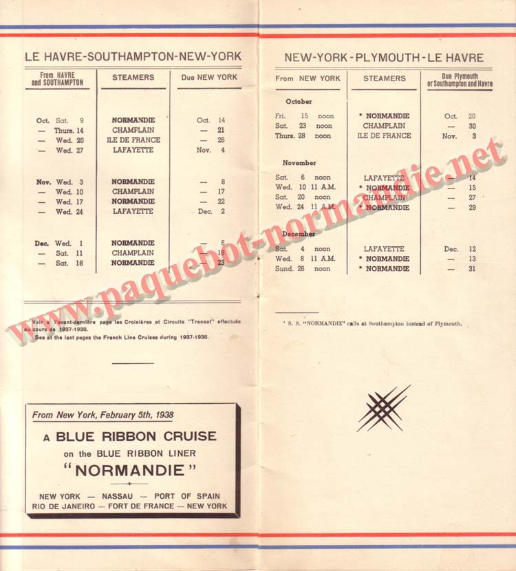 PAQUEBOT NORMANDIE - LISTE DES PASSAGERS DU 9 OCTOBRE 1937 - 1ère CLASSE / 1-2