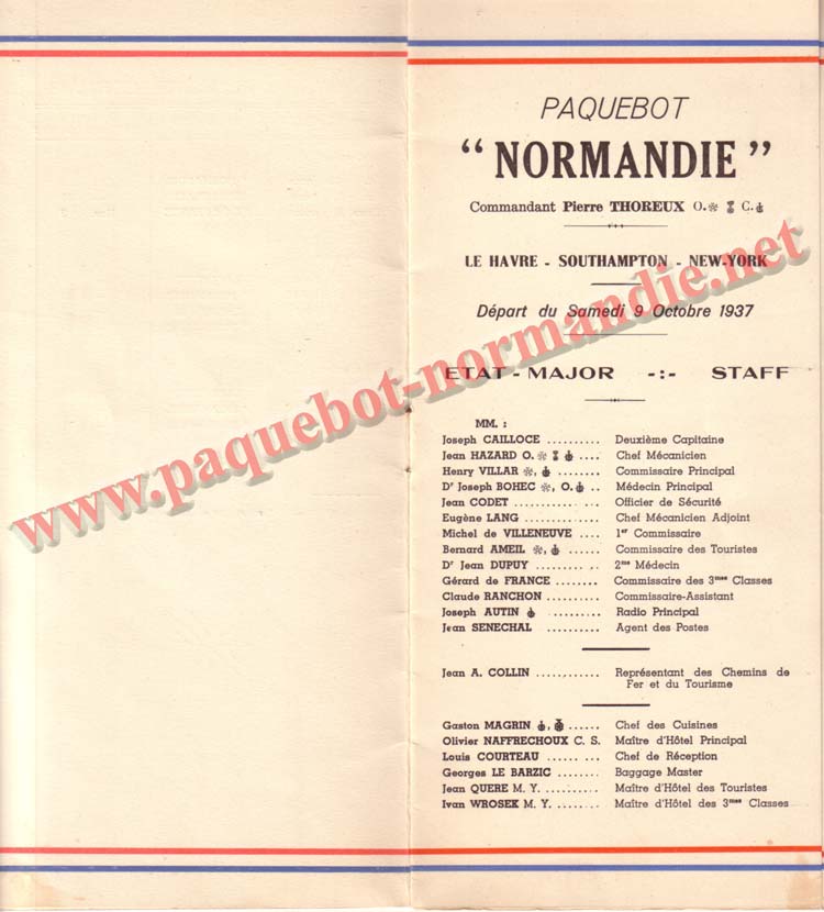 PAQUEBOT NORMANDIE - LISTE DES PASSAGERS DU 9 OCTOBRE 1937 - 1ère CLASSE / 1-3