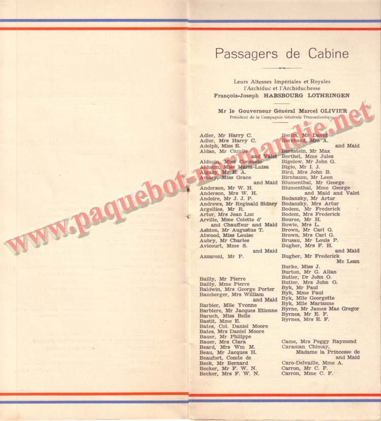 PAQUEBOT NORMANDIE - LISTE DES PASSAGERS DU 9 OCTOBRE 1937 - 1ère CLASSE / 1-4