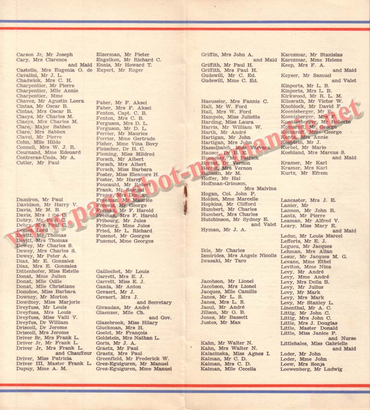 PAQUEBOT NORMANDIE - LISTE DES PASSAGERS DU 9 OCTOBRE 1937 - 1ère CLASSE / 1-5
