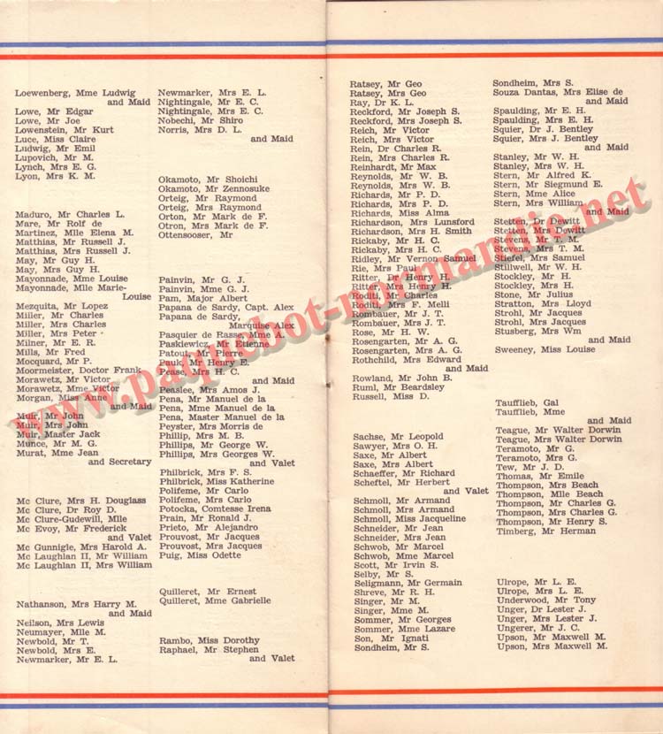 PAQUEBOT NORMANDIE - LISTE DES PASSAGERS DU 9 OCTOBRE 1937 - 1ère CLASSE / 1-6