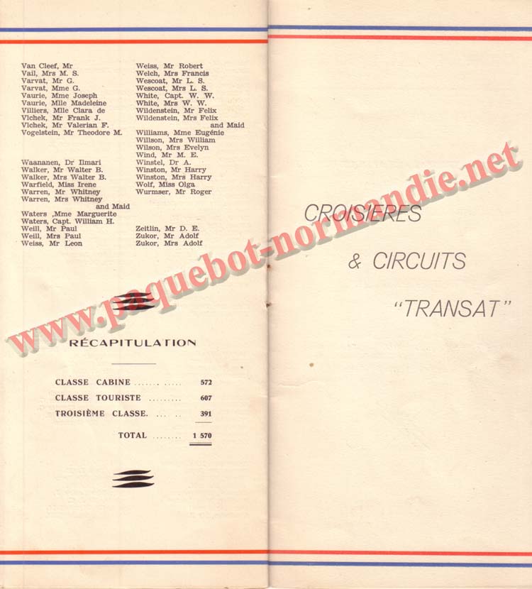 PAQUEBOT NORMANDIE - LISTE DES PASSAGERS DU 9 OCTOBRE 1937 - 1ère CLASSE / 1-7