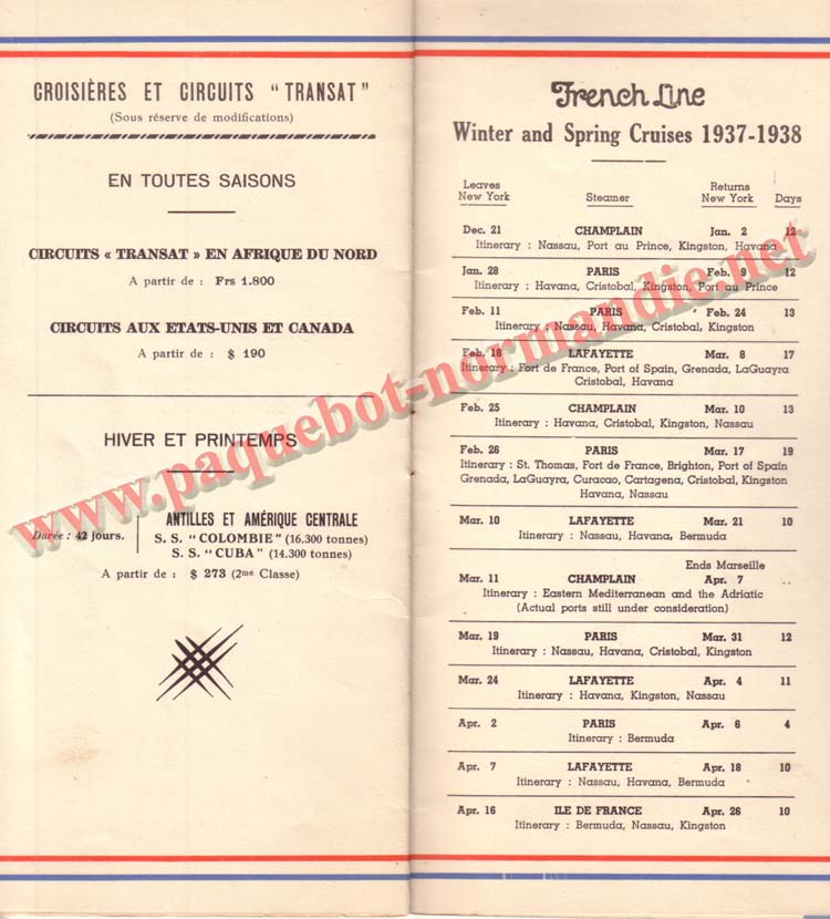 PAQUEBOT NORMANDIE - LISTE DES PASSAGERS DU 9 OCTOBRE 1937 - 1ère CLASSE / 1-8