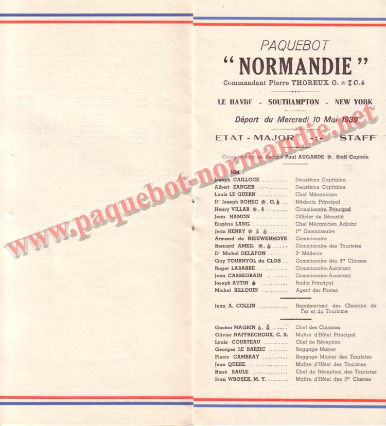 PAQUEBOT NORMANDIE - LISTE DES PASSAGERS DU 10 MAI 1939 - 2ème CLASSE / 2-3