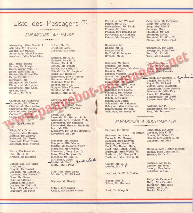 PAQUEBOT NORMANDIE - LISTE DES PASSAGERS DU 10 MAI 1939 - 2ème CLASSE / 2-4