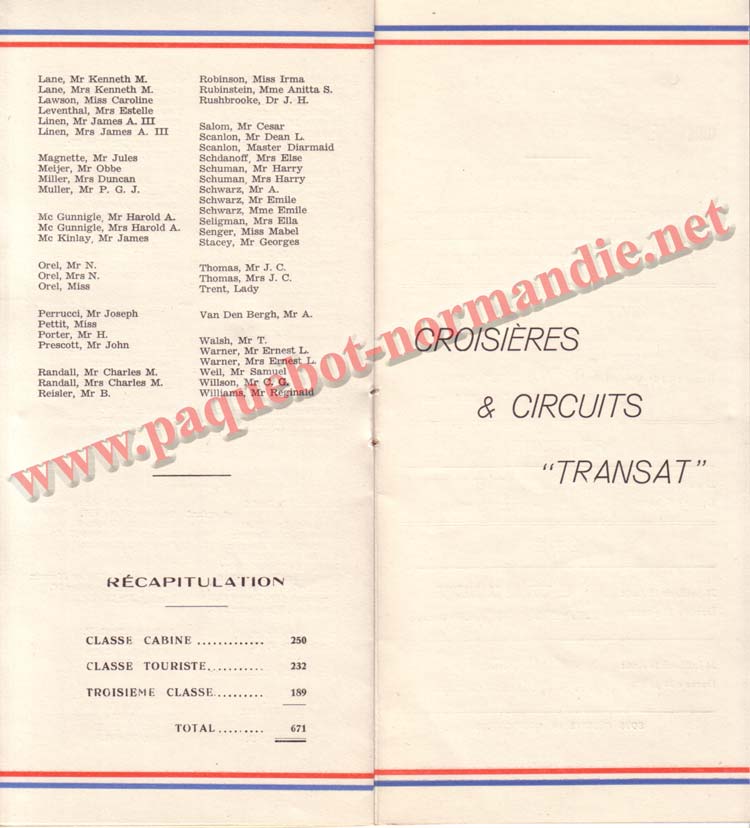 PAQUEBOT NORMANDIE - LISTE DES PASSAGERS DU 10 MAI 1939 - 2ème CLASSE / 2-5