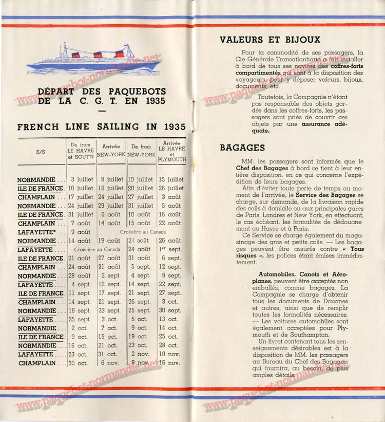 S.S NORMANDIE - LISTE DES PASSAGERS 1ère CLASSE DU 10 JUILLET 1935 - 1-2