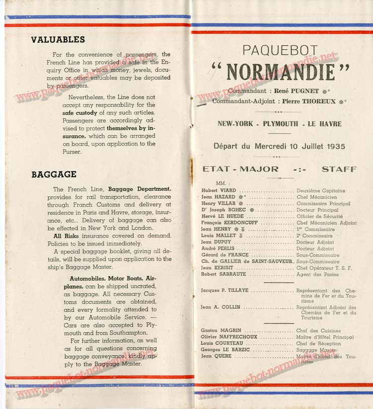 S.S NORMANDIE - LISTE DES PASSAGERS 1ère CLASSE DU 10 JUILLET 1935 - 1-3