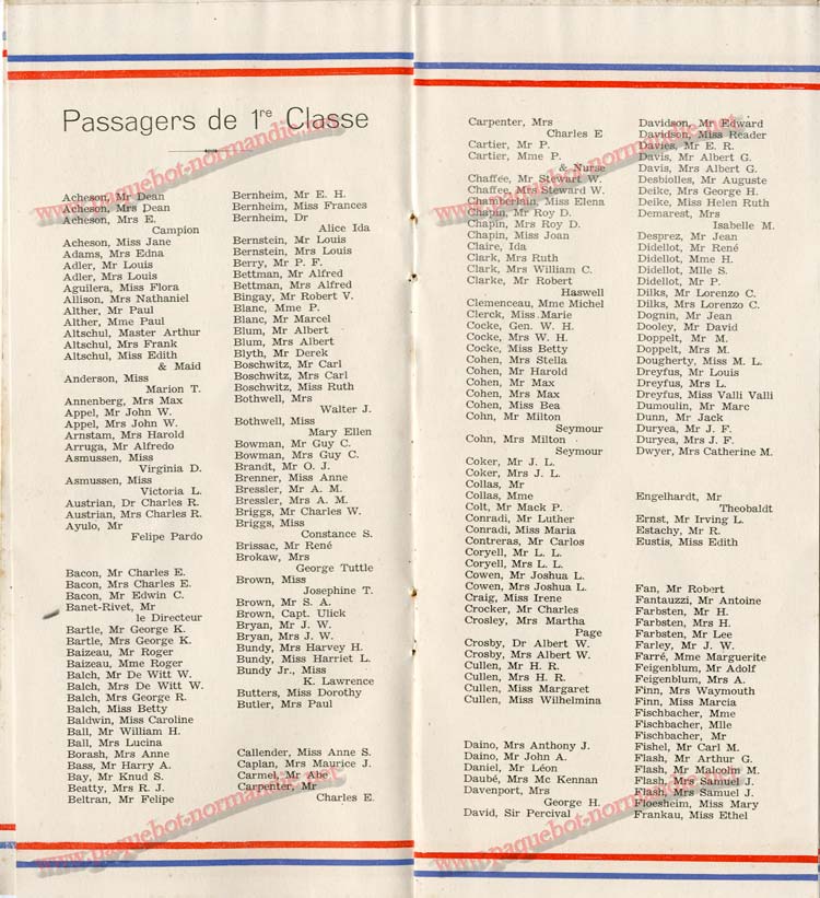 S.S NORMANDIE - LISTE DES PASSAGERS 1ère CLASSE DU 10 JUILLET 1935 - 1-4