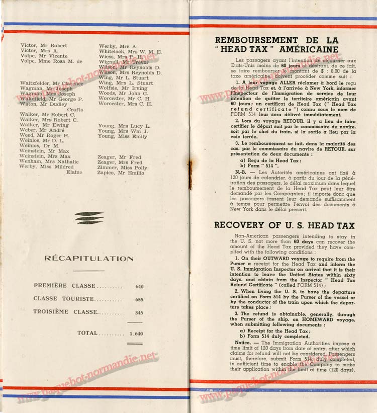 S.S NORMANDIE - LISTE DES PASSAGERS 1ère CLASSE DU 10 JUILLET 1935 - 1-7