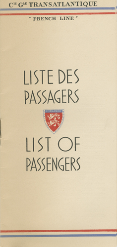 Paquebot Normandie - Liste des Passagers Classe Touristes - 10 juillet 1935