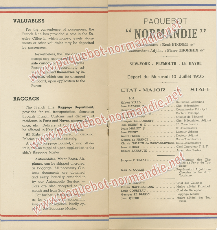 Paquebot Normandie - Liste des Passagers Classe Touristes - 10 juillet 1935