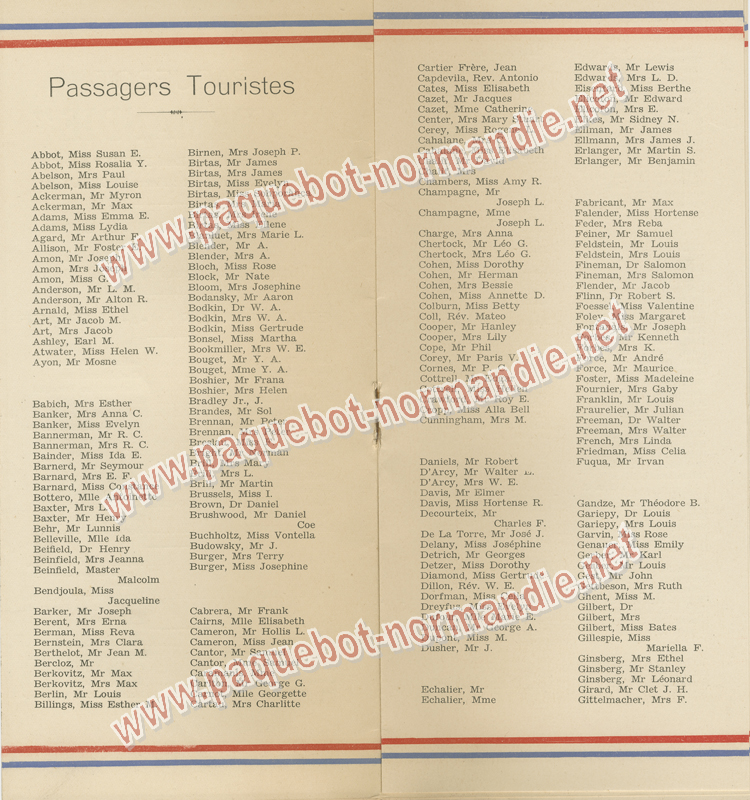 Paquebot Normandie - Liste des Passagers Classe Touristes - 10 juillet 1935