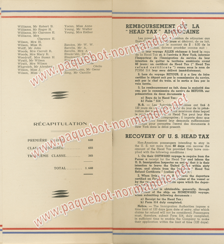 Paquebot Normandie - Liste des Passagers Classe Touristes - 10 juillet 1935