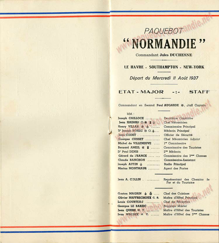 PAQUEBOT NORMANDIE - LISTE DES PASSAGERS DU 11 AOUT 1937 - 1ère CLASSE / 1-3