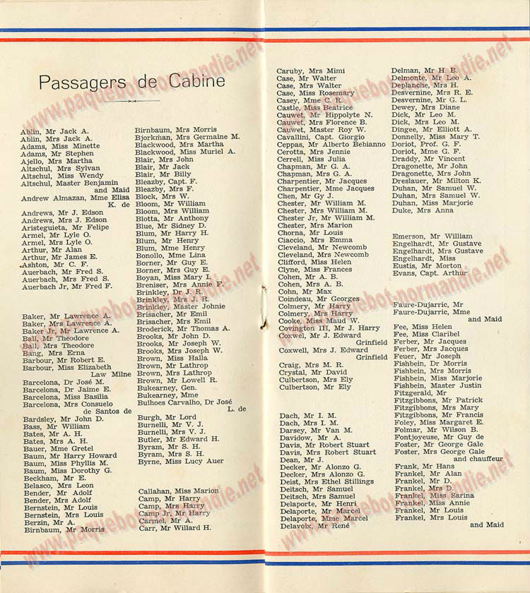 PAQUEBOT NORMANDIE - LISTE DES PASSAGERS DU 11 AOUT 1937 - 1ère CLASSE / 1-4