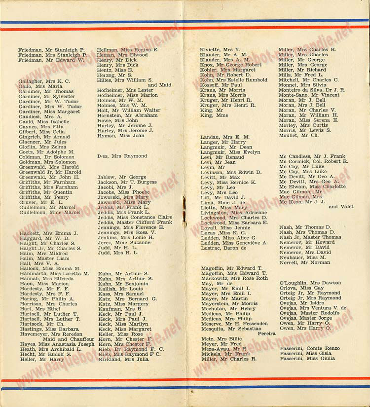 PAQUEBOT NORMANDIE - LISTE DES PASSAGERS DU 11 AOUT 1937 - 1ère CLASSE / 1-5