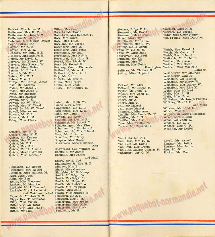 PAQUEBOT NORMANDIE - LISTE DES PASSAGERS DU 11 AOUT 1937 - 1ère CLASSE / 1-6