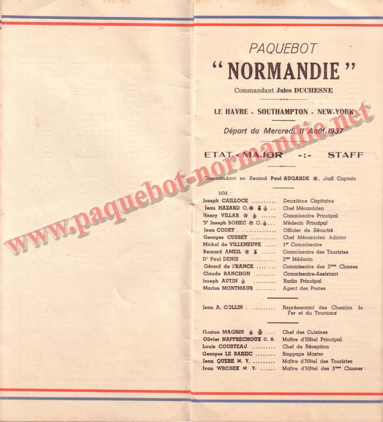 PAQUEBOT NORMANDIE - LISTE DES PASSAGERS DU 11 AOT 1937 - 2ème CLASSE / 2-3