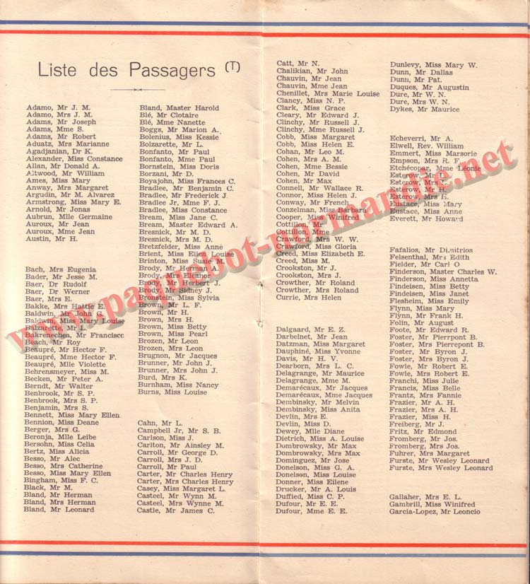 PAQUEBOT NORMANDIE - LISTE DES PASSAGERS DU 11 AOT 1937 - 2ème CLASSE / 2-4