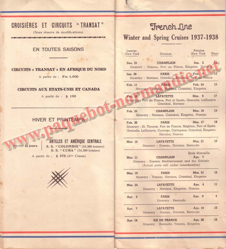 PAQUEBOT NORMANDIE - LISTE DES PASSAGERS DU 11 AOT 1937 - 2ème CLASSE / 2-8