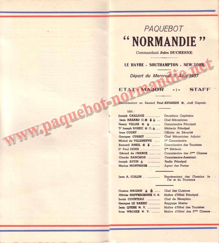 PAQUEBOT NORMANDIE - LISTE DES PASSAGERS DU 11 AOUT 1937 - 3ème CLASSE / 3-3