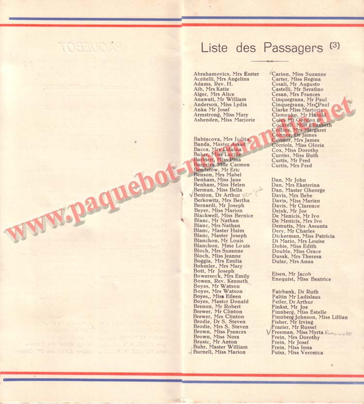 PAQUEBOT NORMANDIE - LISTE DES PASSAGERS DU 11 AOUT 1937 - 3ème CLASSE / 3-4