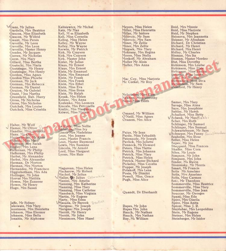 PAQUEBOT NORMANDIE - LISTE DES PASSAGERS DU 11 AOUT 1937 - 3ème CLASSE / 3-5