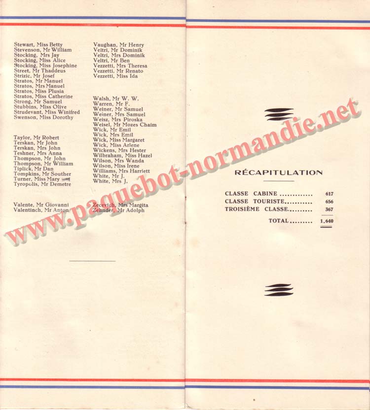 PAQUEBOT NORMANDIE - LISTE DES PASSAGERS DU 11 AOUT 1937 - 3ème CLASSE / 3-6