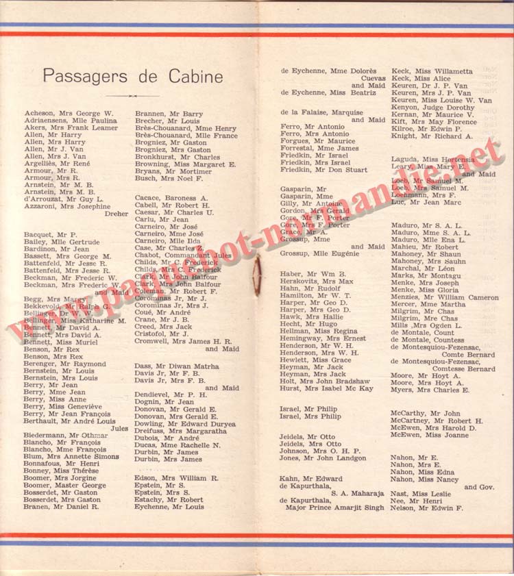 PAQUEBOT NORMANDIE - LISTE DES PASSAGERS DU 12 JUILLET 1939 - 1ère CLASSE / 1-2