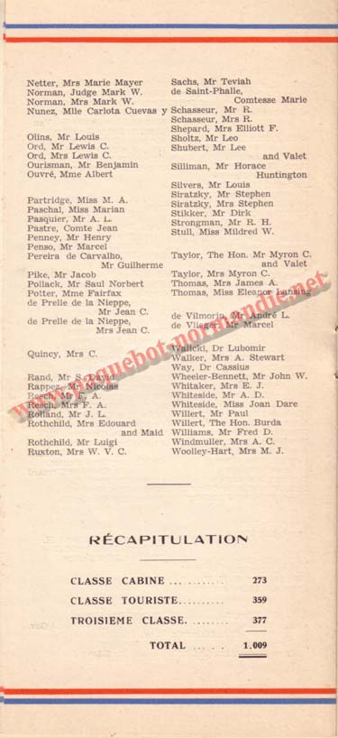 PAQUEBOT NORMANDIE - LISTE DES PASSAGERS DU 12 JUILLET 1939 - 1ère CLASSE / 1-3