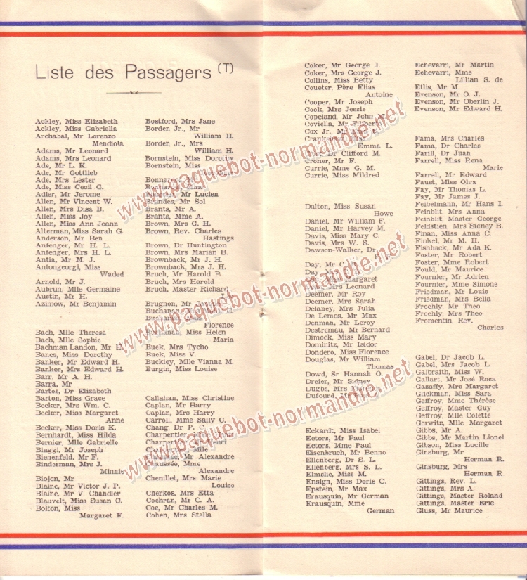  Paquebot s/s Normandie - LISTE PASSAGERS 12.08.36 / 2-2