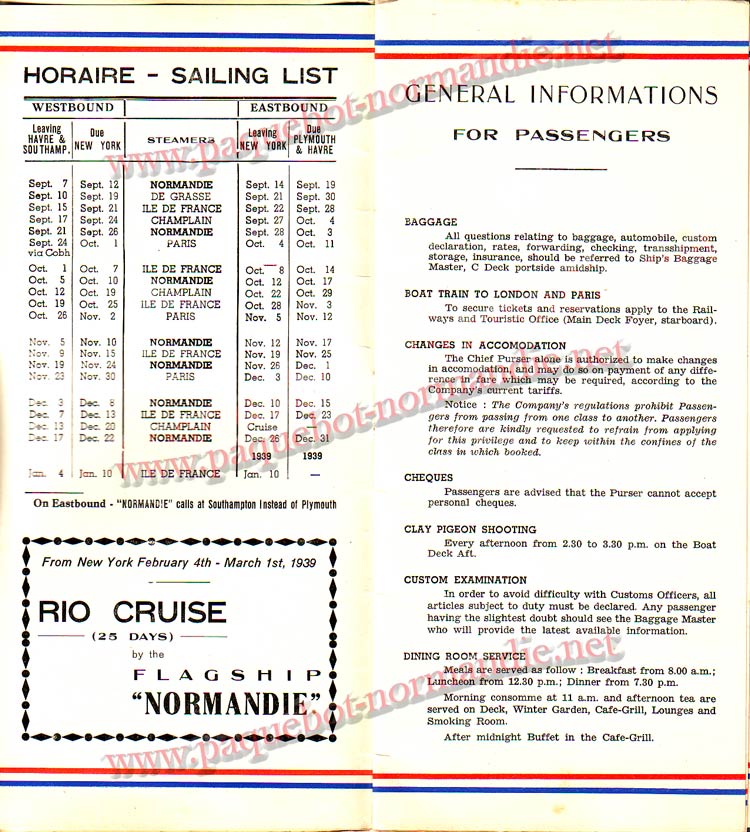 S.S NORMANDIE - LISTE PASSAGERS DU 12 OCTOBRE 1938 - 1ère CLASSE / 1-2