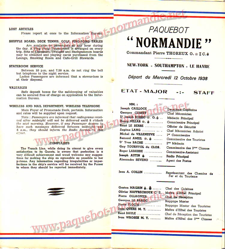 S.S NORMANDIE - LISTE PASSAGERS DU 12 OCTOBRE 1938 - 1ère CLASSE / 1-4