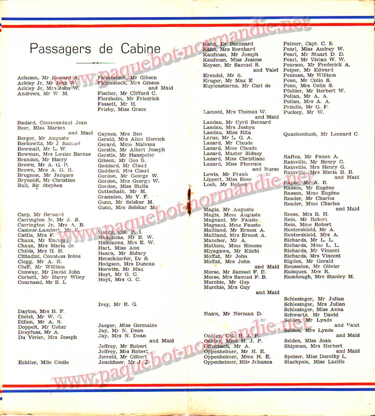 S.S NORMANDIE - LISTE PASSAGERS DU 12 OCTOBRE 1938 - 1ère CLASSE / 1-5
