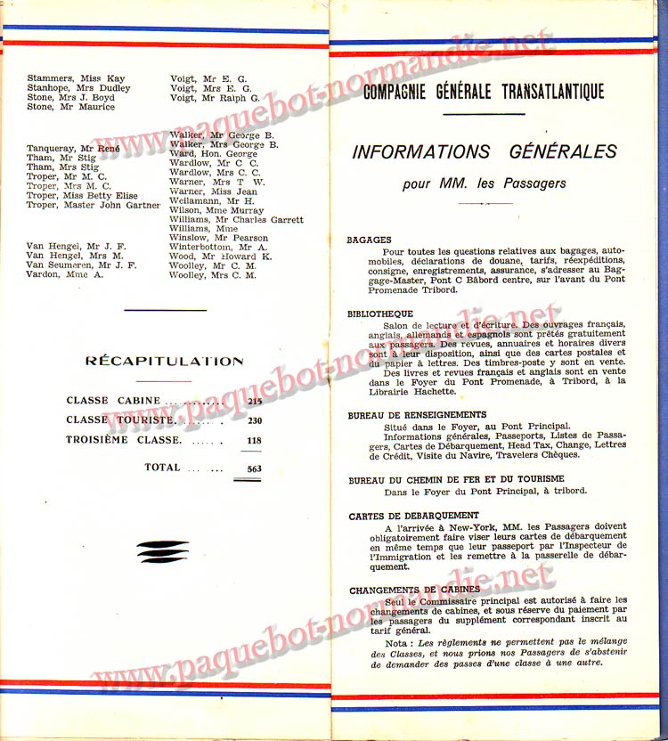 S.S NORMANDIE - LISTE PASSAGERS DU 12 OCTOBRE 1938 - 1ère CLASSE / 1-6