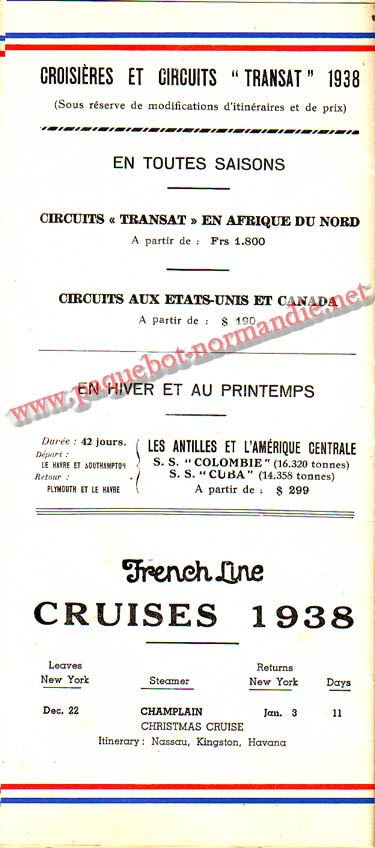 S.S NORMANDIE - LISTE PASSAGERS DU 12 OCTOBRE 1938 - 1ère CLASSE / 1-9