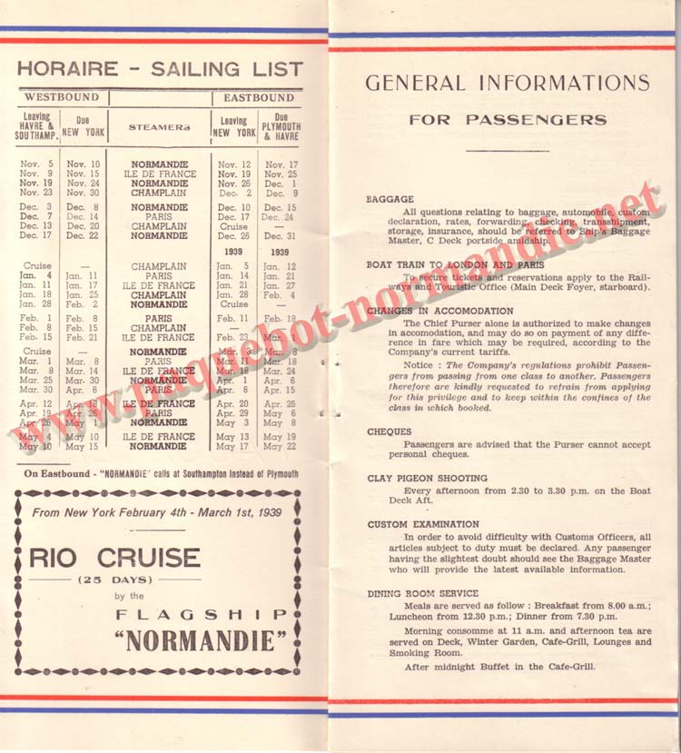 PAQUEBOT NORMANDIE - LISTE DES PASSAGERS DU 12 NOVEMBRE 1938 - 1ère CLASSE / 1-2