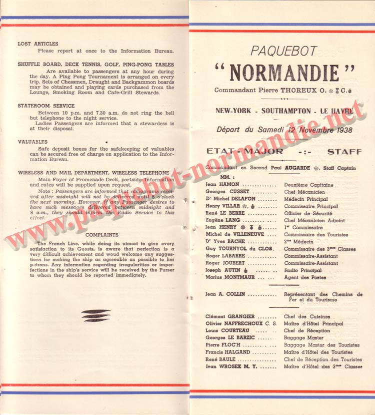 PAQUEBOT NORMANDIE - LISTE DES PASSAGERS DU 12 NOVEMBRE 1938 - 1ère CLASSE / 1-4