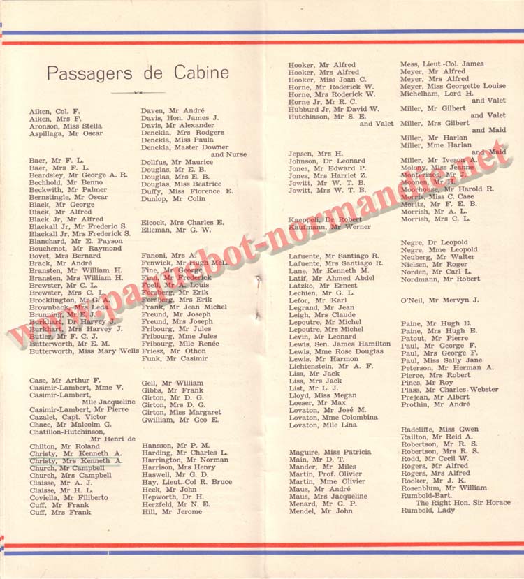 PAQUEBOT NORMANDIE - LISTE DES PASSAGERS DU 12 NOVEMBRE 1938 - 1ère CLASSE / 1-5