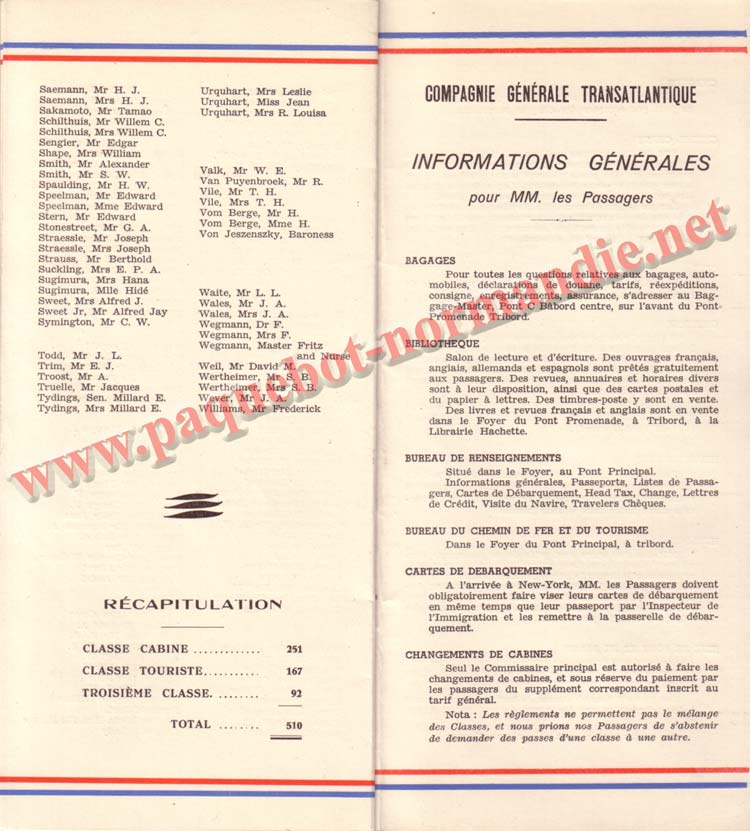 PAQUEBOT NORMANDIE - LISTE DES PASSAGERS DU 12 NOVEMBRE 1938 - 1ère CLASSE / 1-6