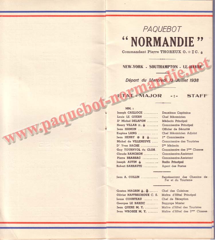 PAQUEBOT NORMANDIE - LISTE DES PASSAGERS DU 13 JUILLET 1938 - 2ème CLASSE / 2-3