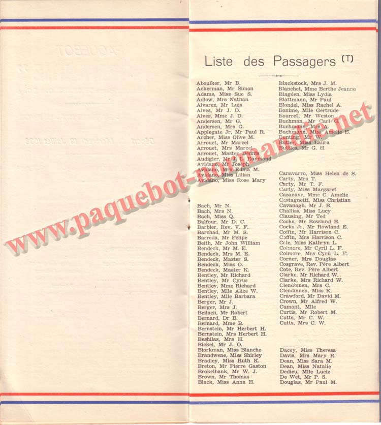 PAQUEBOT NORMANDIE - LISTE DES PASSAGERS DU 13 JUILLET 1938 - 2ème CLASSE / 2-4