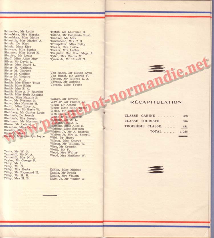 PAQUEBOT NORMANDIE - LISTE DES PASSAGERS DU 13 JUILLET 1938 - 2ème CLASSE / 2-6