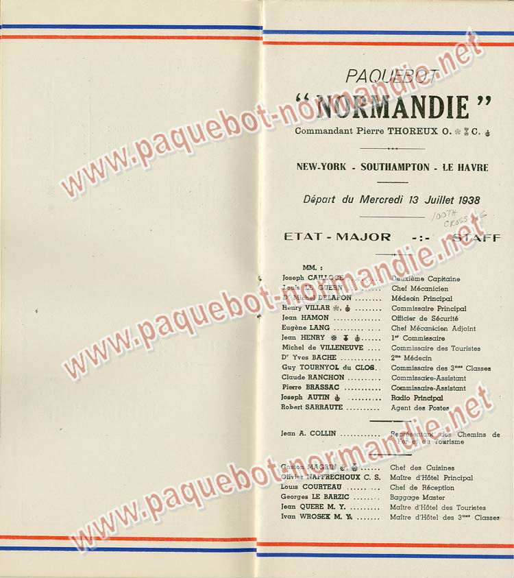 S.S NORMANDIE - LISTE PASSAGERS DU 13 Juillet 1938 - 3ème CLASSE / 3-3