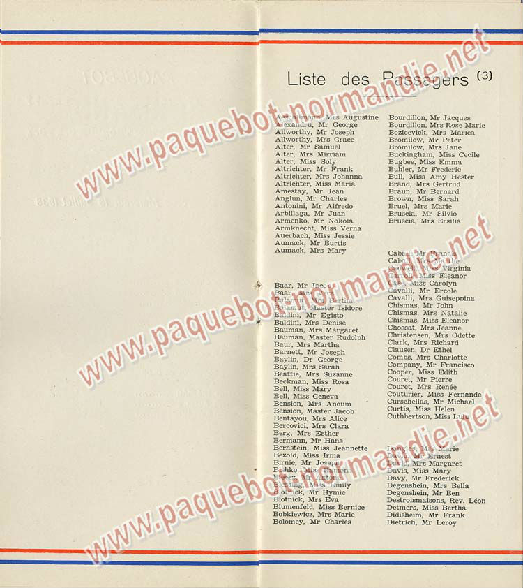 S.S NORMANDIE - LISTE PASSAGERS DU 13 Juillet 1938 - 3ème CLASSE / 3-4