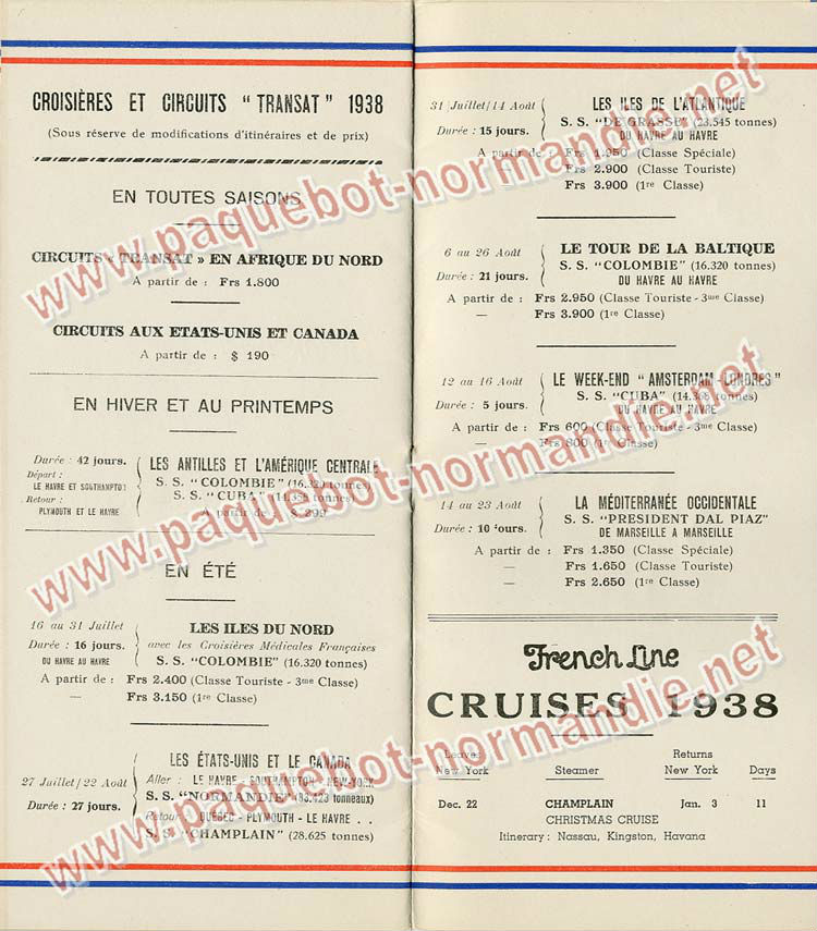 S.S NORMANDIE - LISTE PASSAGERS DU 13 Juillet 1938 - 3ème CLASSE / 3-5